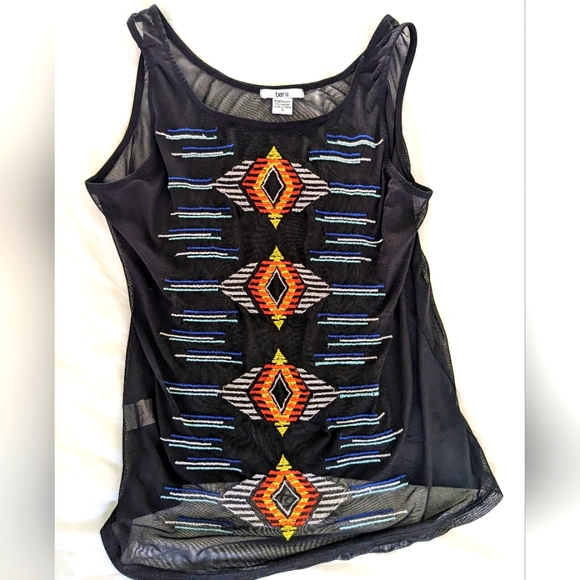 Bar III Black Mesh Tank Top with Geometric/Tribal Design- Small - Picture 1 of 3